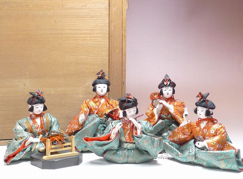 1404B03*8B△古い雛人形 五人囃/五人囃子・桐箱 小道具付き・御雛様